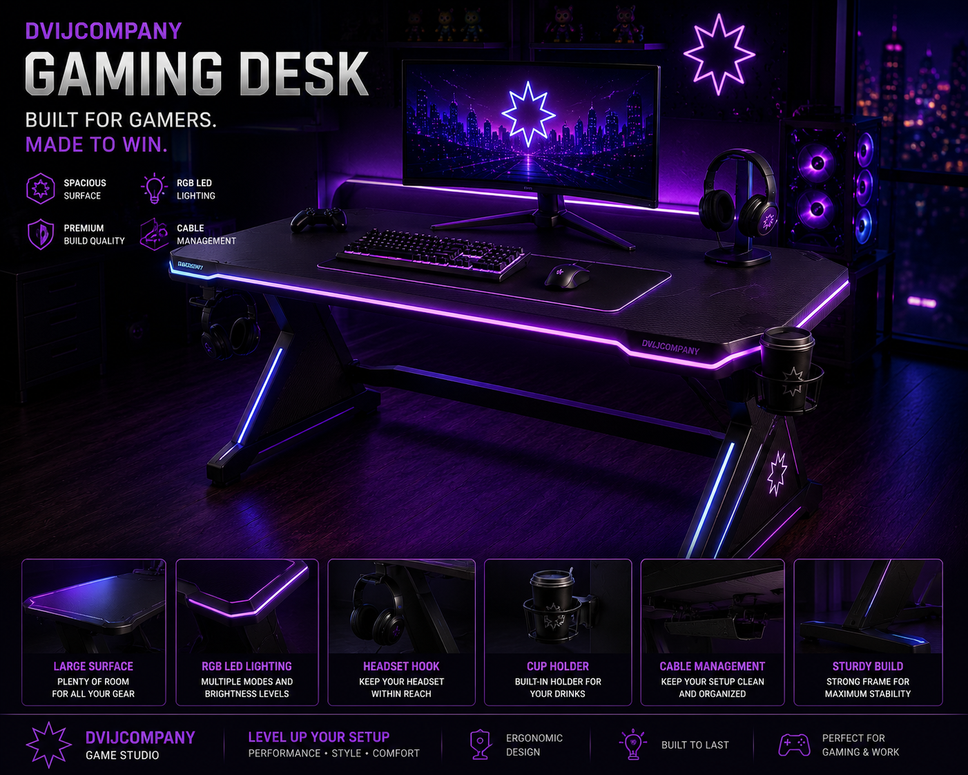 🖥️ DVIJCOMPANY RGB GAMING DESK